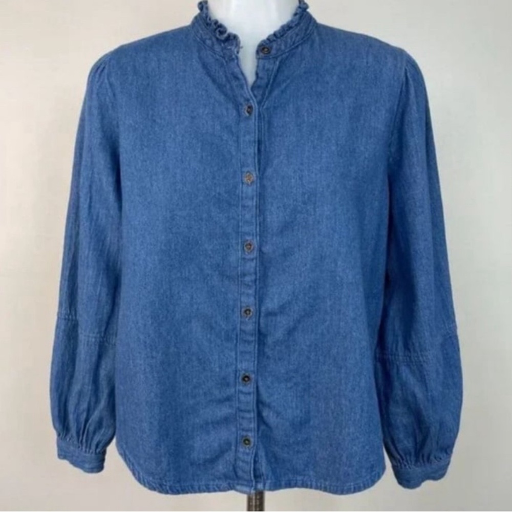Old Navy Women's Ruffle Neck Jean Shirt Chambray Denim
